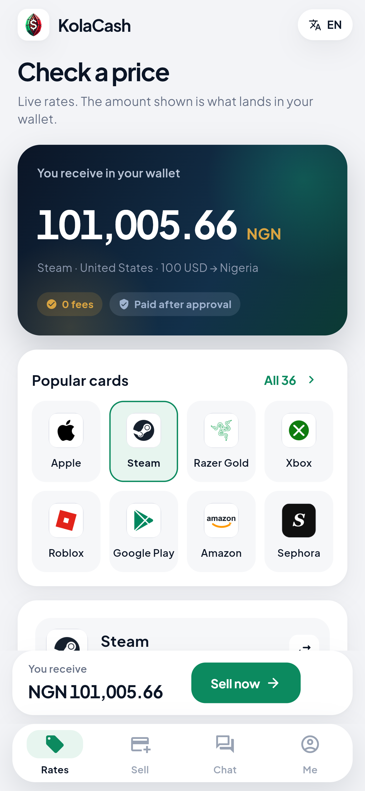 KolaCash Rates interface example with card selection