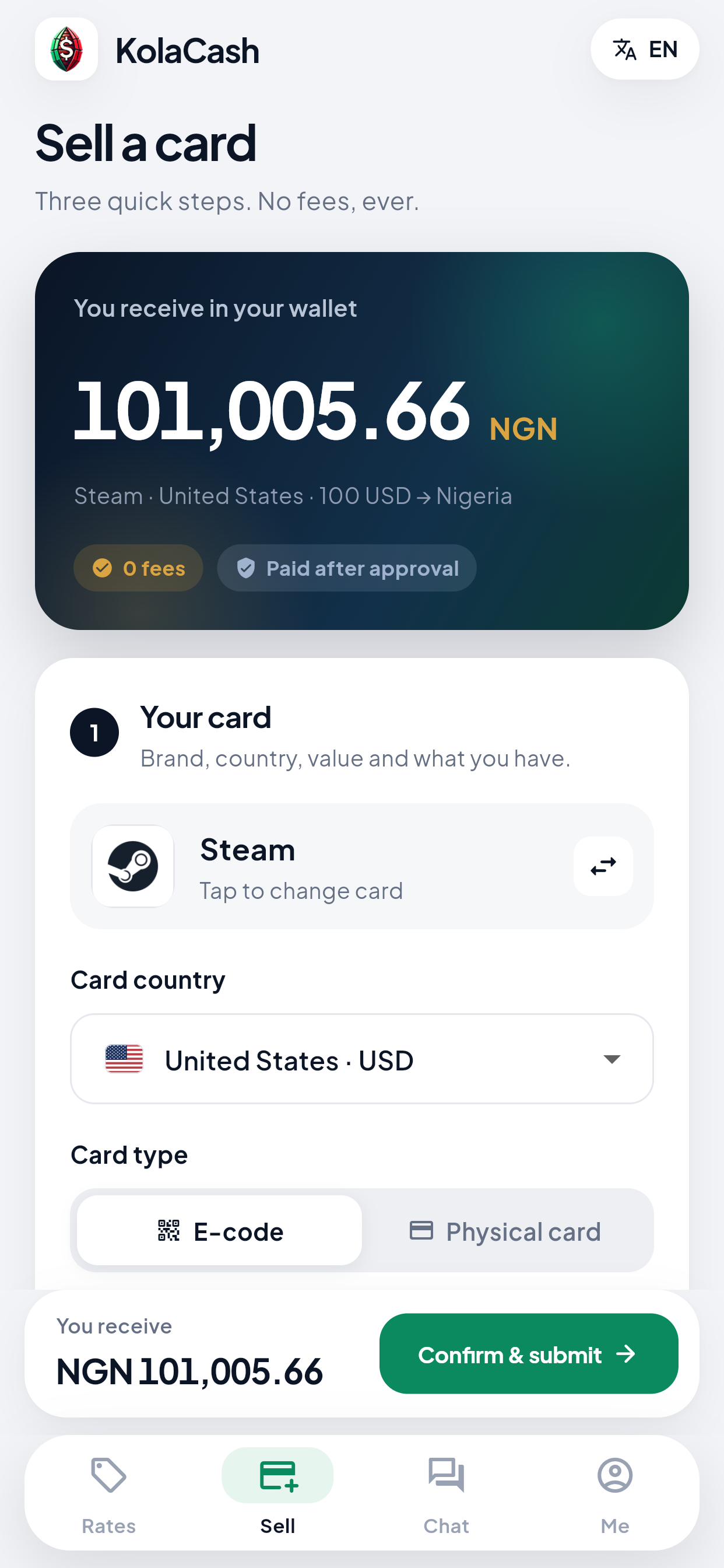 KolaCash Sell interface example for submitting card details
