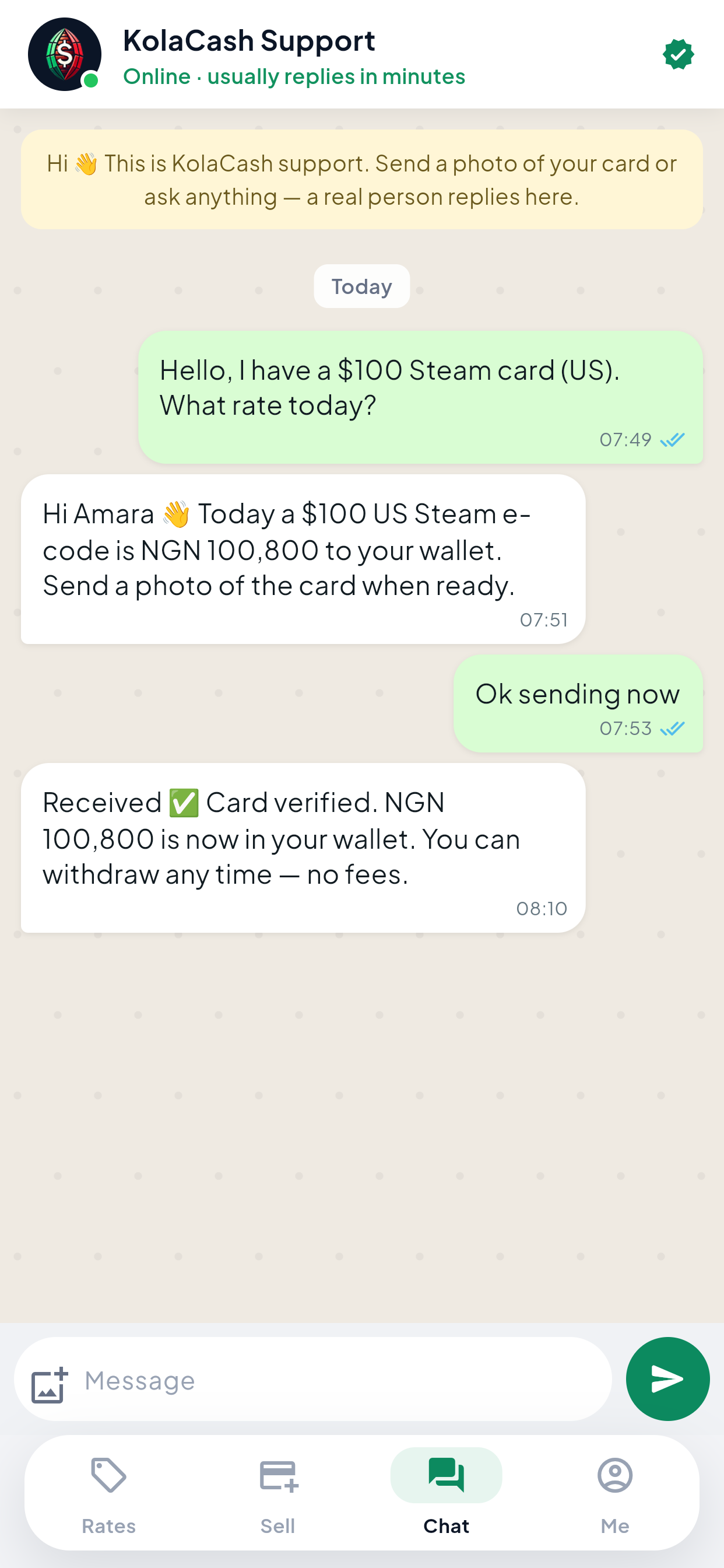 KolaCash in-app Chat interface with an example conversation