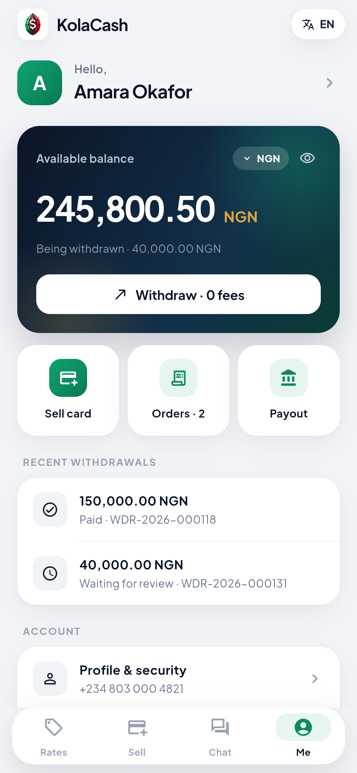 KolaCash Account interface showing example wallet and withdrawal information