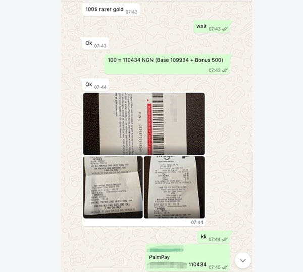 Nigeria Razer Gold gift card rate quote on WhatsApp