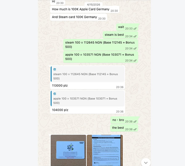 Nigeria Steam and Apple gift card rate quote on WhatsApp