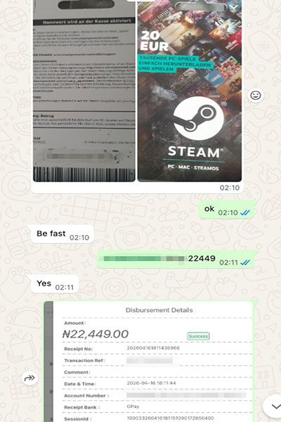 Steam gift card trade in Nigeria showing €20 card and ₦22,449 payout after verification
